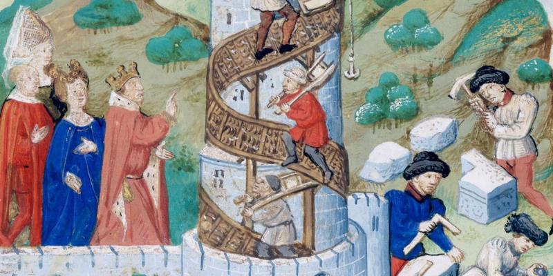 Les artisans médiévaux travaillant sur le chantier d’une cathédrale avec des outils traditionnels